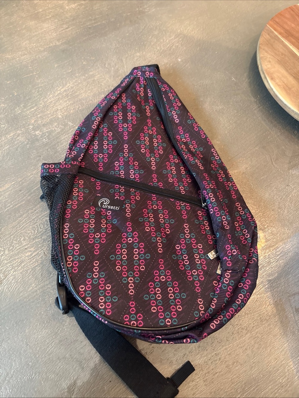 Black Sling Crossbody Bag with Pink Pattern